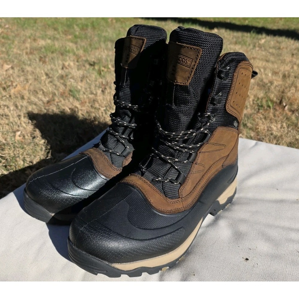 Elk Woods Mens Brown Leather Black Rubber Winter Hunting Boots Lace Up High Top